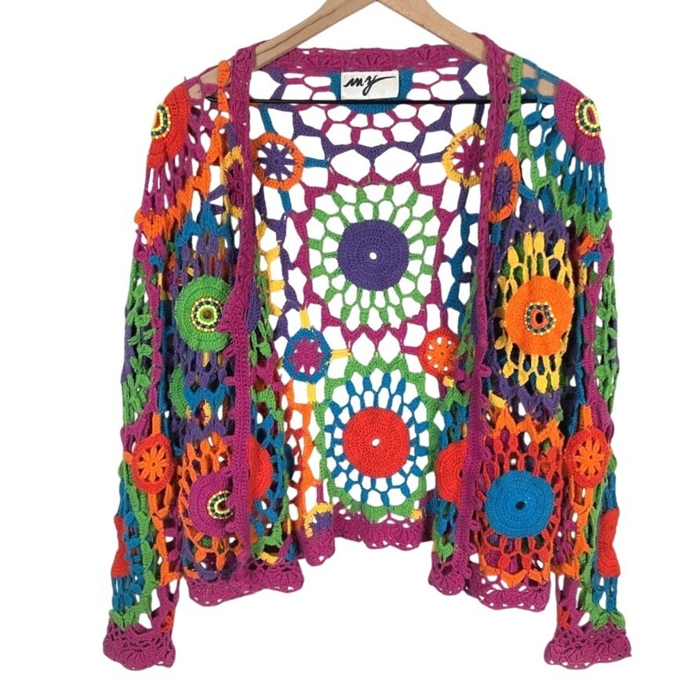 Vtg MY Hand Crochet Floral Granny Squares Beaded Cardigan OS Cottagecore